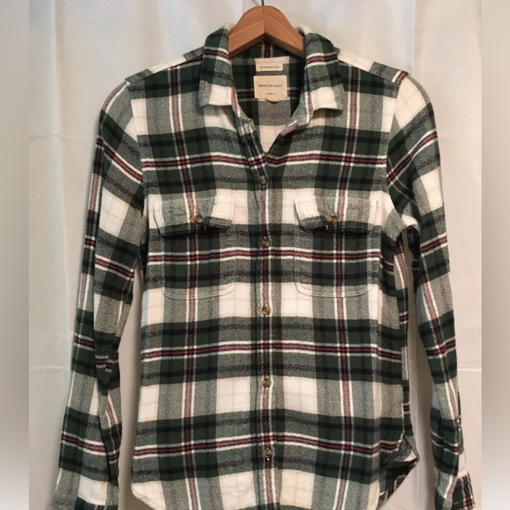 American Eagle Plaid Green and White Flannel Shirt- Small